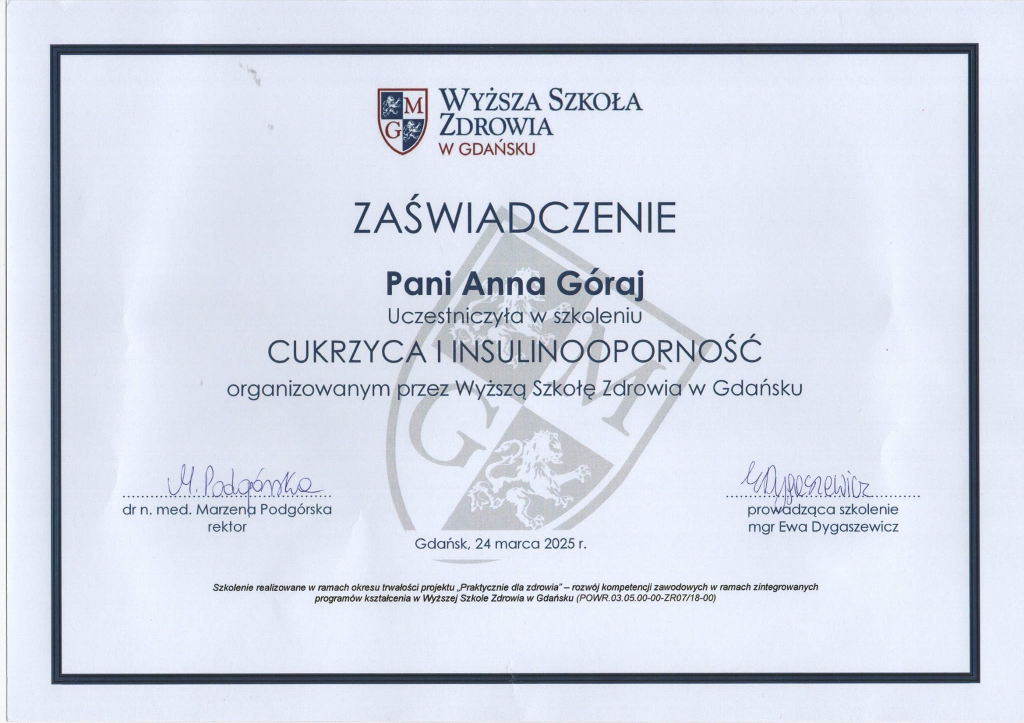 Certyfikat ukończenia studiów podyplomowych