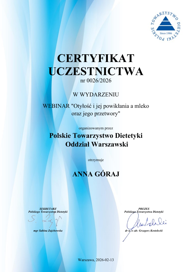 Otyłość i jej powikłania a mleko oraz jego przetwory - webinar Polskiego Towarzystwa Dietetyki